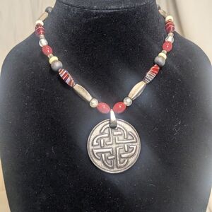 Chico's Red and Antiqued Silver Celtic Medallion Beaded Necklace